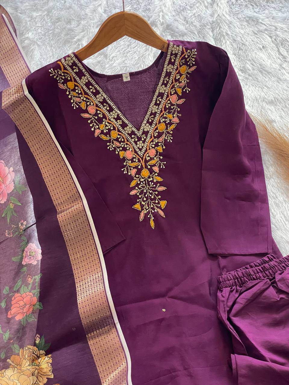 HANDWORK KURTI PANT WITH DUPATTA SET - Rpd Fashion