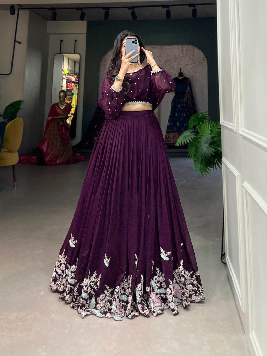 This stitched lehenga set includes Georgette fabric with sequin-thread embroidery and a matching top with beautiful lace-bordered sequin butties. - Rpd Fashion