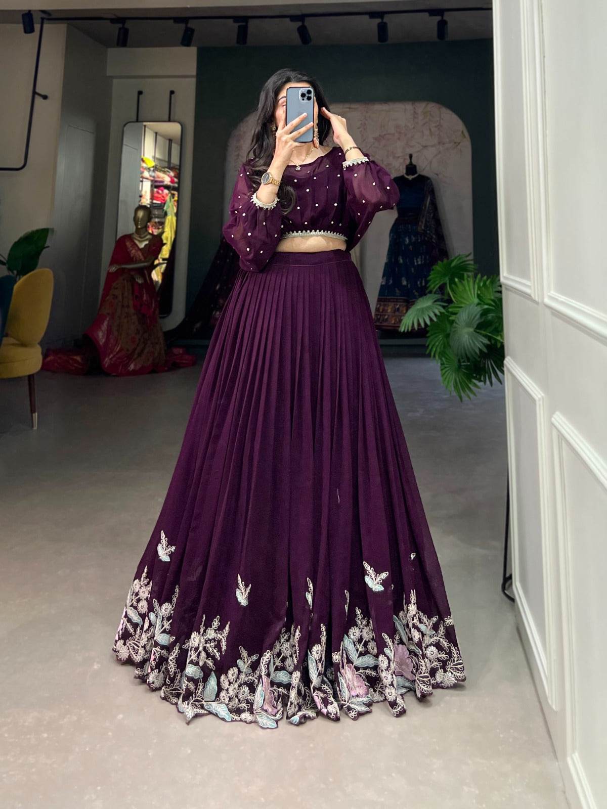 This stitched lehenga set includes Georgette fabric with sequin-thread embroidery and a matching top with beautiful lace-bordered sequin butties. - Rpd Fashion