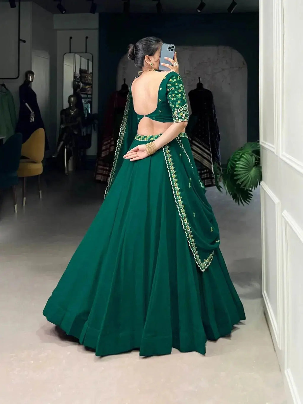 Green Plain Georgette A Line Lehenga Choli - RPD Fashion