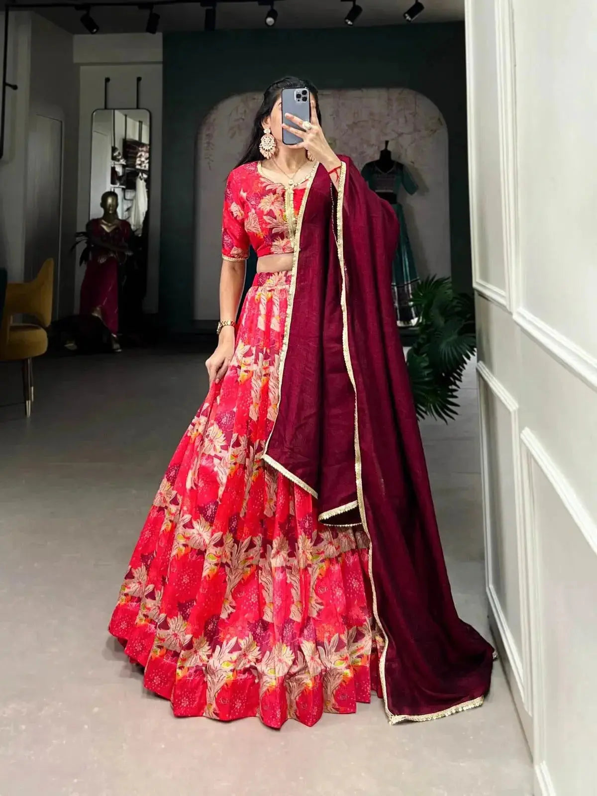 Red Tussar Silk Sequins Work Lehenga Choli - RPD Fashion