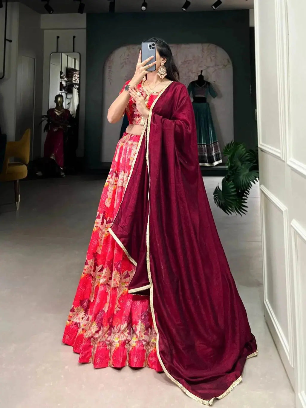 Red Tussar Silk Sequins Work Lehenga Choli - RPD Fashion