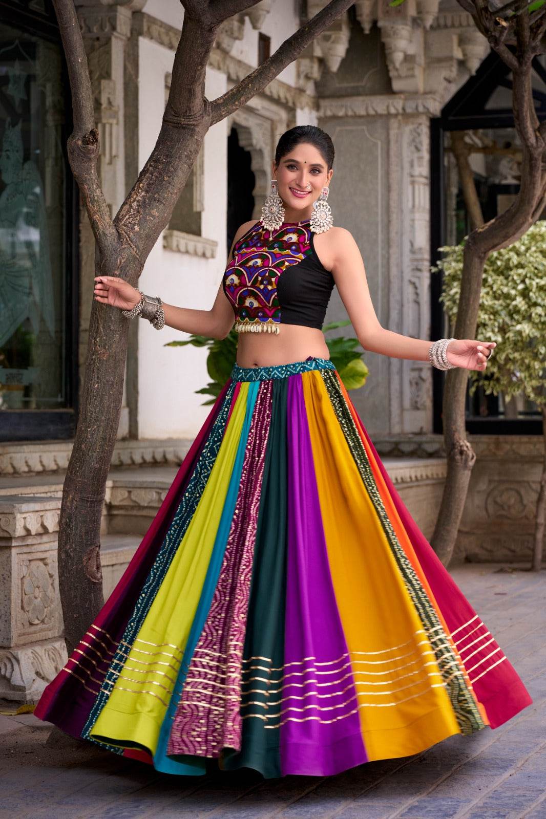 Traditional Navratri Rayon Lehenga with Blouse, Black and Gold, Sleeveless Crop Top Style - Rpd Fashion