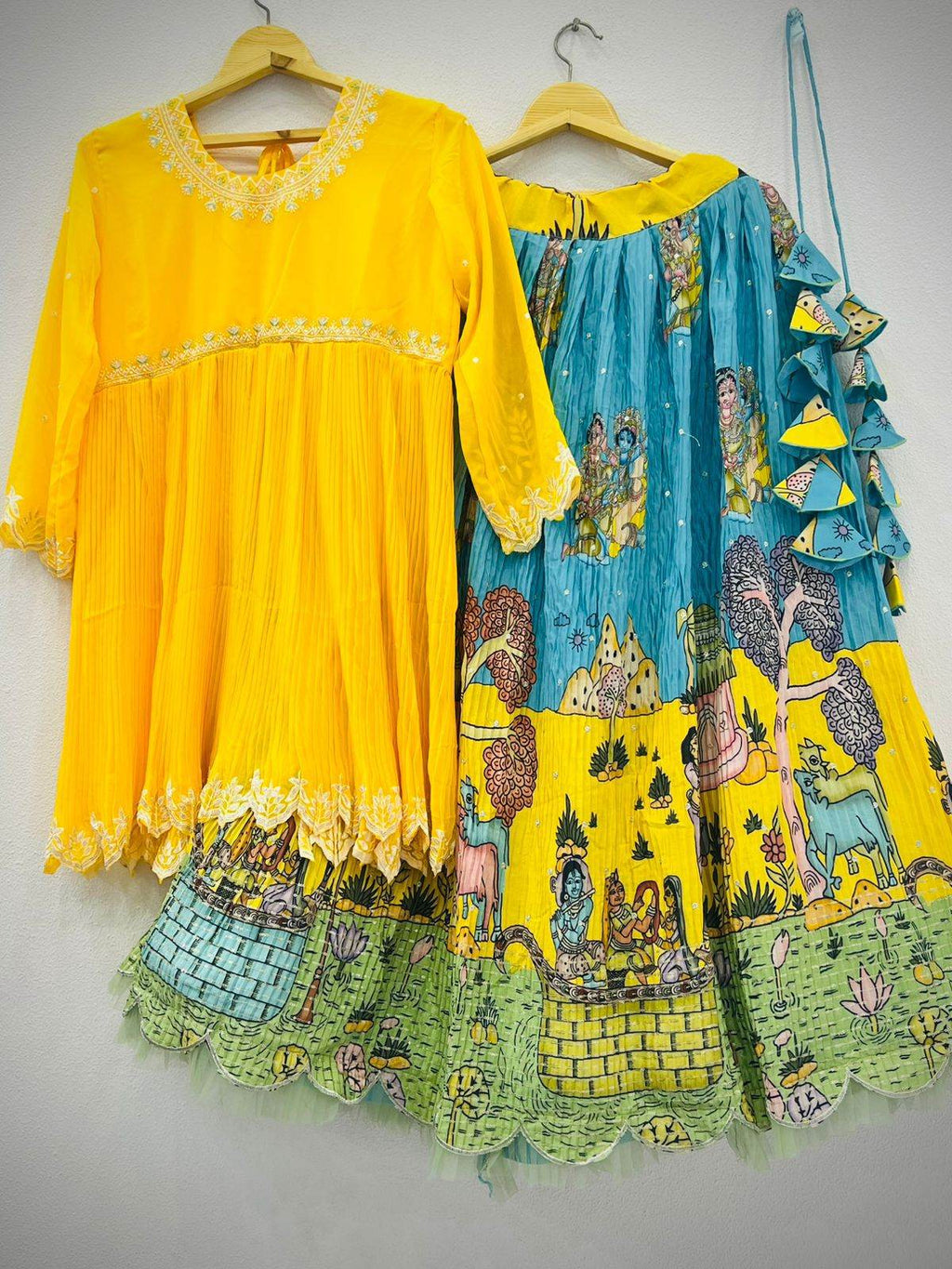 YELLOW AND BLUE KALAMKARI LEHENGA - Rpd Fashion
