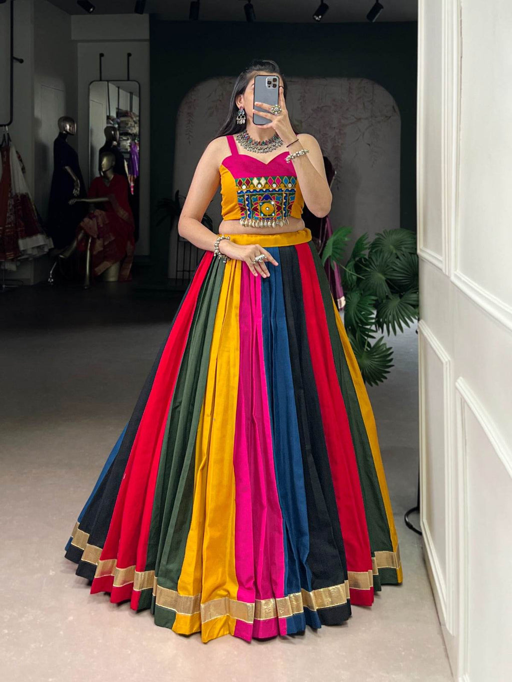 Traditional Navratri Lehenga with Blouse - Black and Gold Sleeveless Crop Top Style - Rpd Fashion
