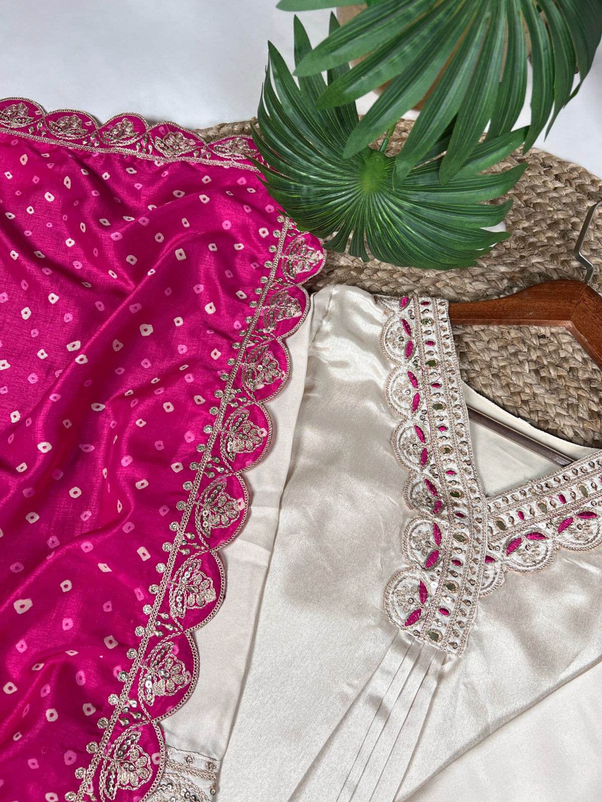 This cream Moonga silk suit with fine embroidery exudes effortless elegance, while the fuchsia pink dupatta💗 - Rpd Fashion