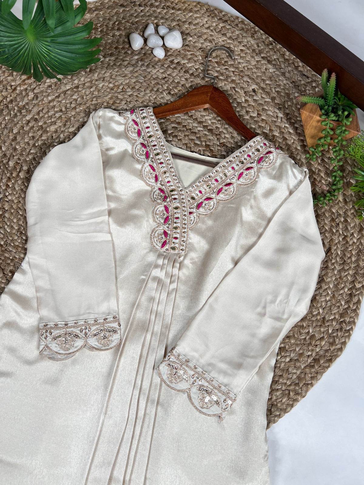 This cream Moonga silk suit with fine embroidery exudes effortless elegance, while the fuchsia pink dupatta💗 - Rpd Fashion