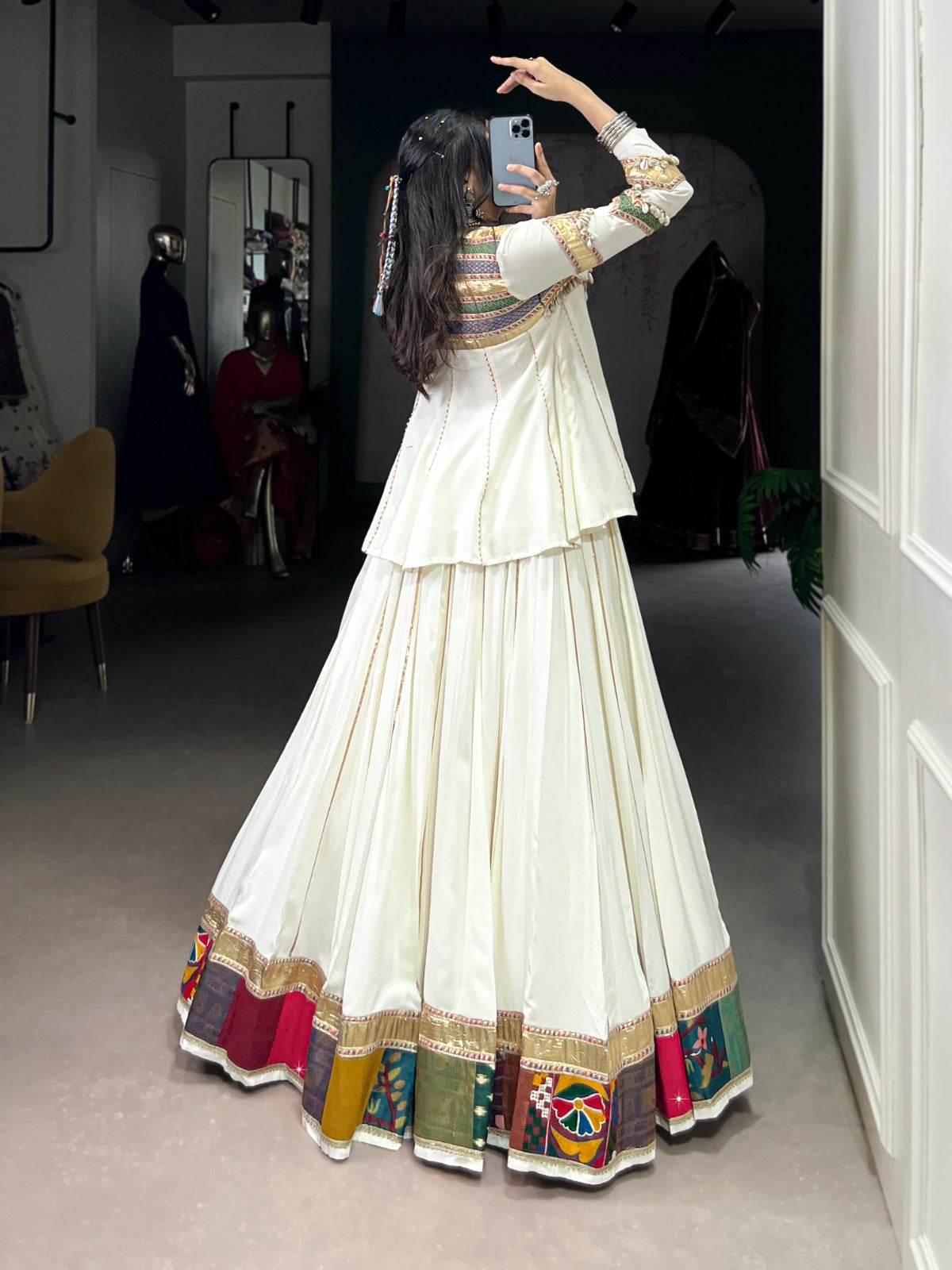 WHITE ETHNIC WEAR LEHENGA CHOLI FOR NAVRATRI FESTIVE LOOK - Rpd Fashion