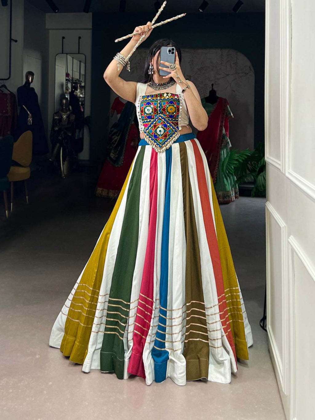 Multi Color Pure Rayon with Gamthi Work Navratri Lehenga Choli - Rpd Fashion