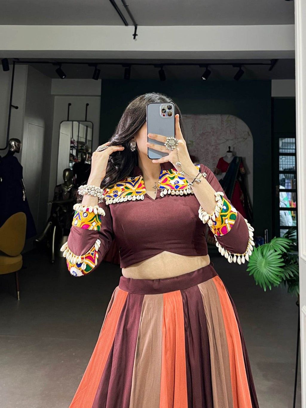 Brown Rayon Mirror Gamthi Lace Work Navratri Wear Lehenga Choli - Rpd Fashion