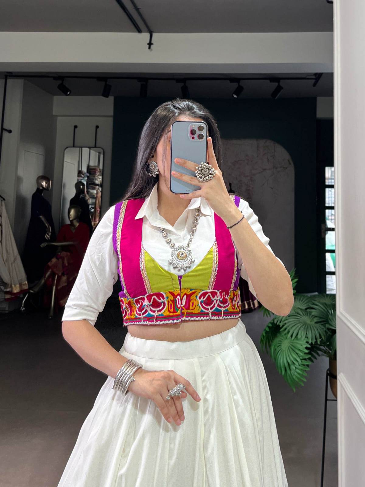 Rayon Multi Color Patch Lace Gamthi Kodi Work White Concept Navratri Special Lehenga Choli (Ready to Wear) - Rpd Fashion