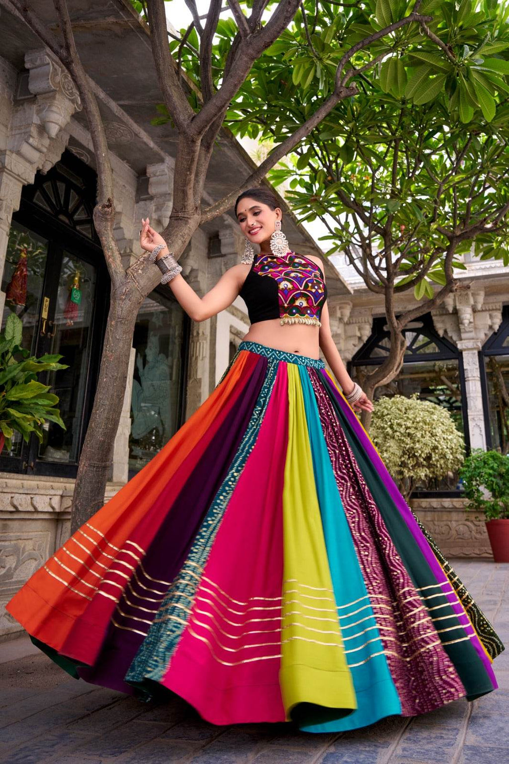 Traditional Navratri Rayon Lehenga with Blouse, Black and Gold, Sleeveless Crop Top Style - Rpd Fashion
