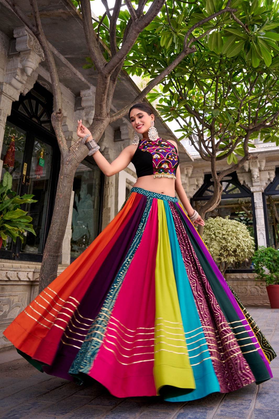 Traditional Navratri Rayon Lehenga with Blouse, Black and Gold, Sleeveless Crop Top Style - Rpd Fashion