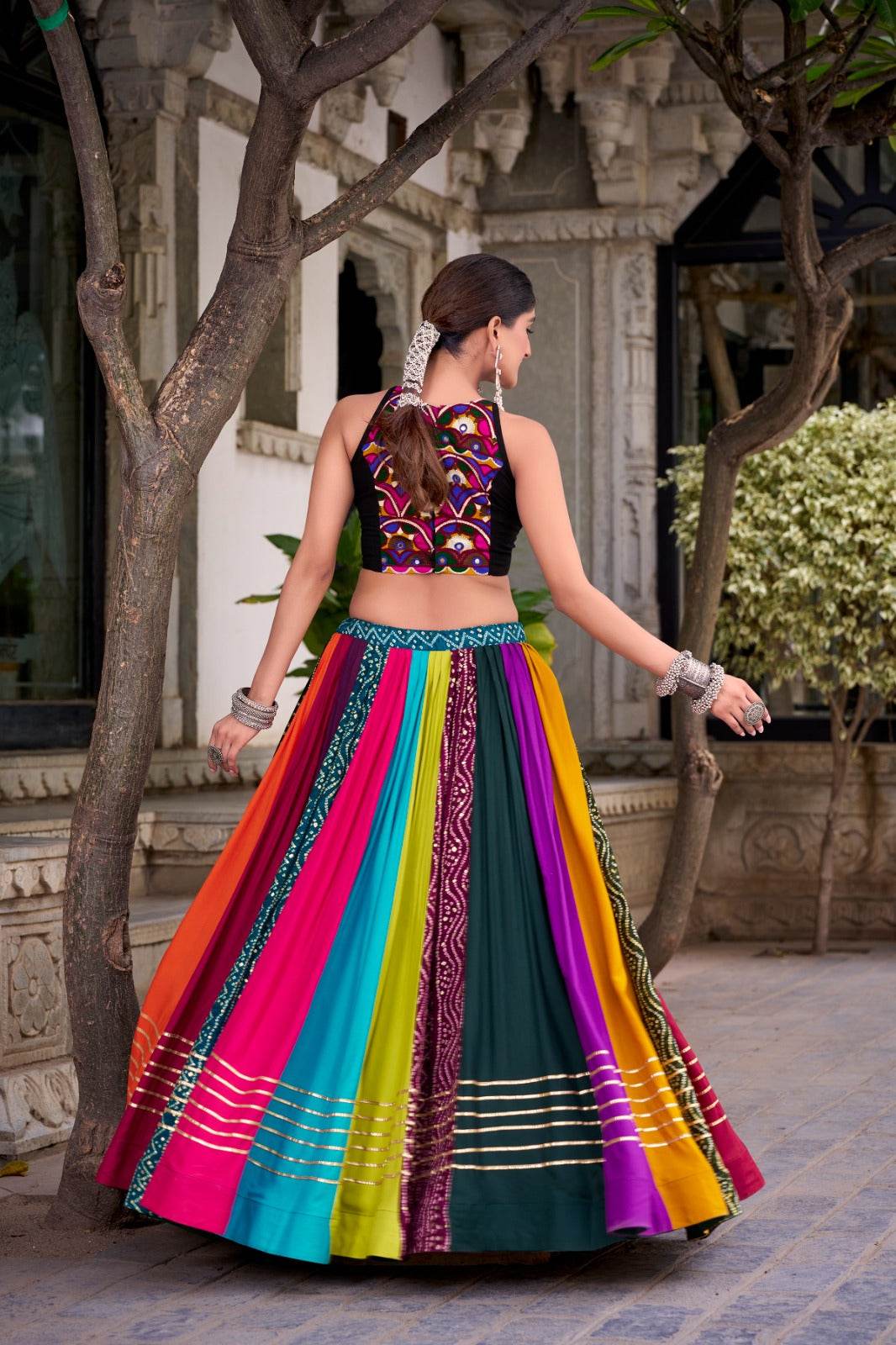 Traditional Navratri Rayon Lehenga with Blouse, Black and Gold, Sleeveless Crop Top Style - Rpd Fashion