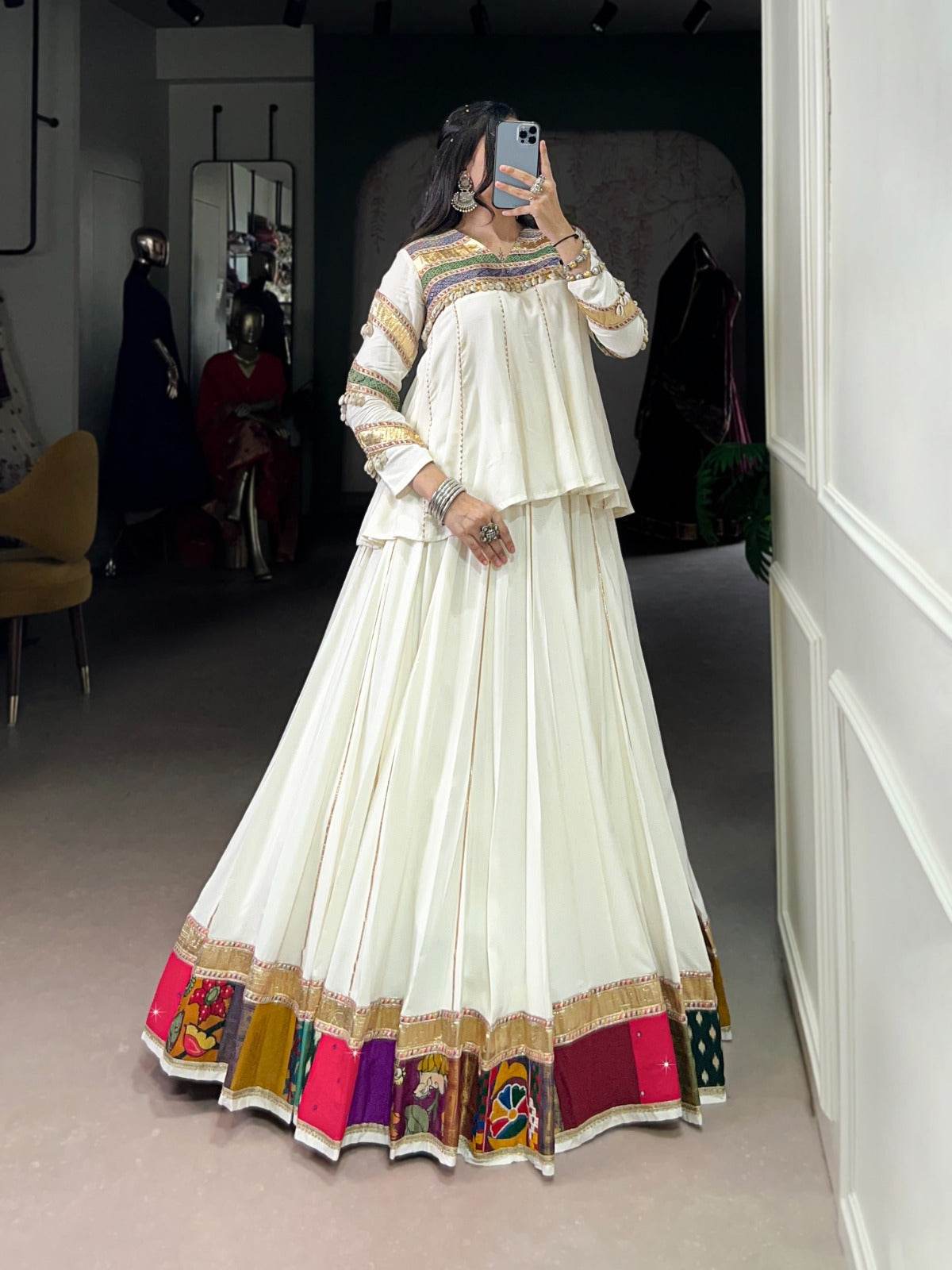 WHITE ETHNIC WEAR LEHENGA CHOLI FOR NAVRATRI FESTIVE LOOK - Rpd Fashion