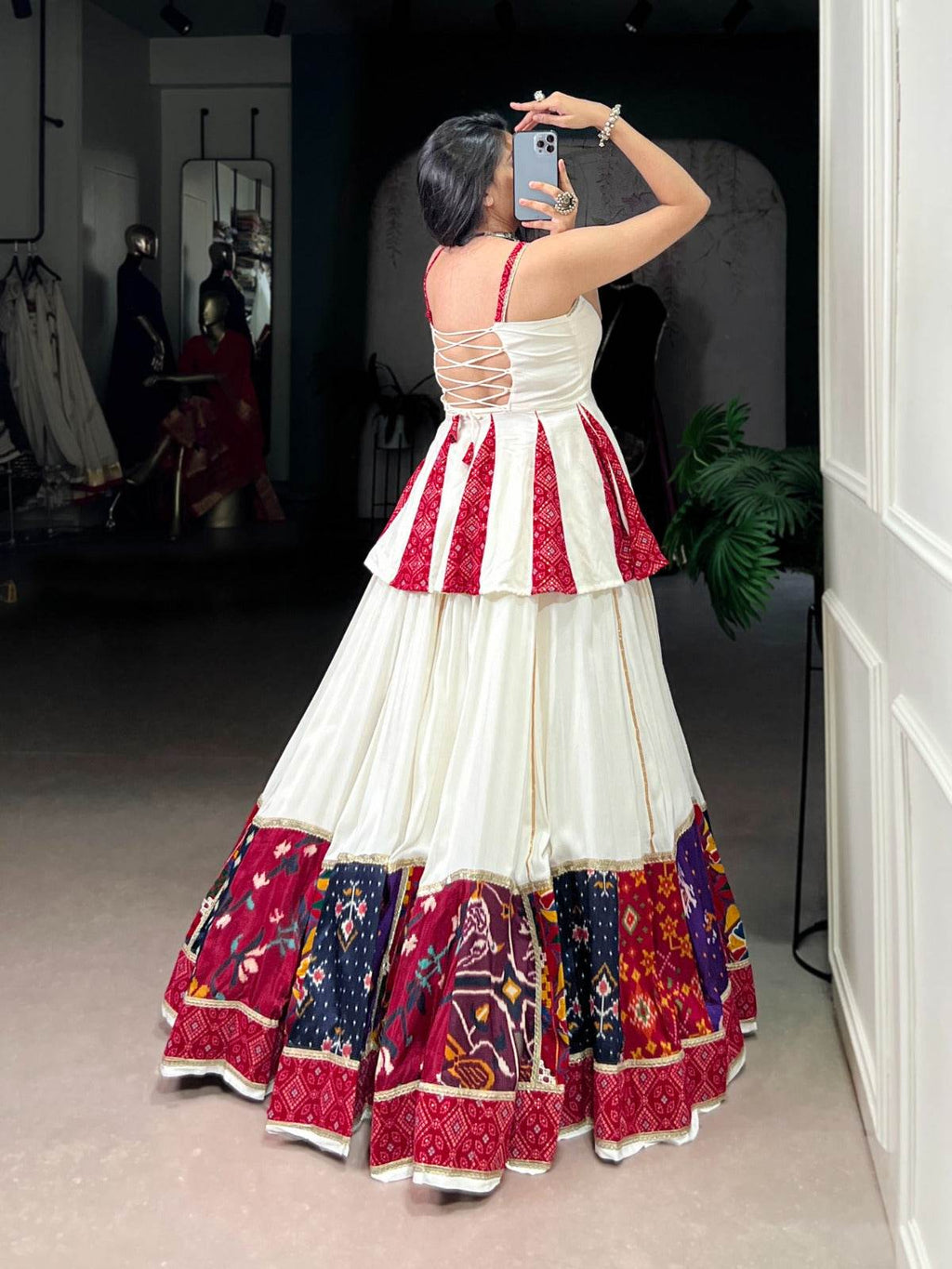 Red & White Rayon Lehenga Choli Set: Multi Patchwork Indian Garba Outfit - Rpd Fashion