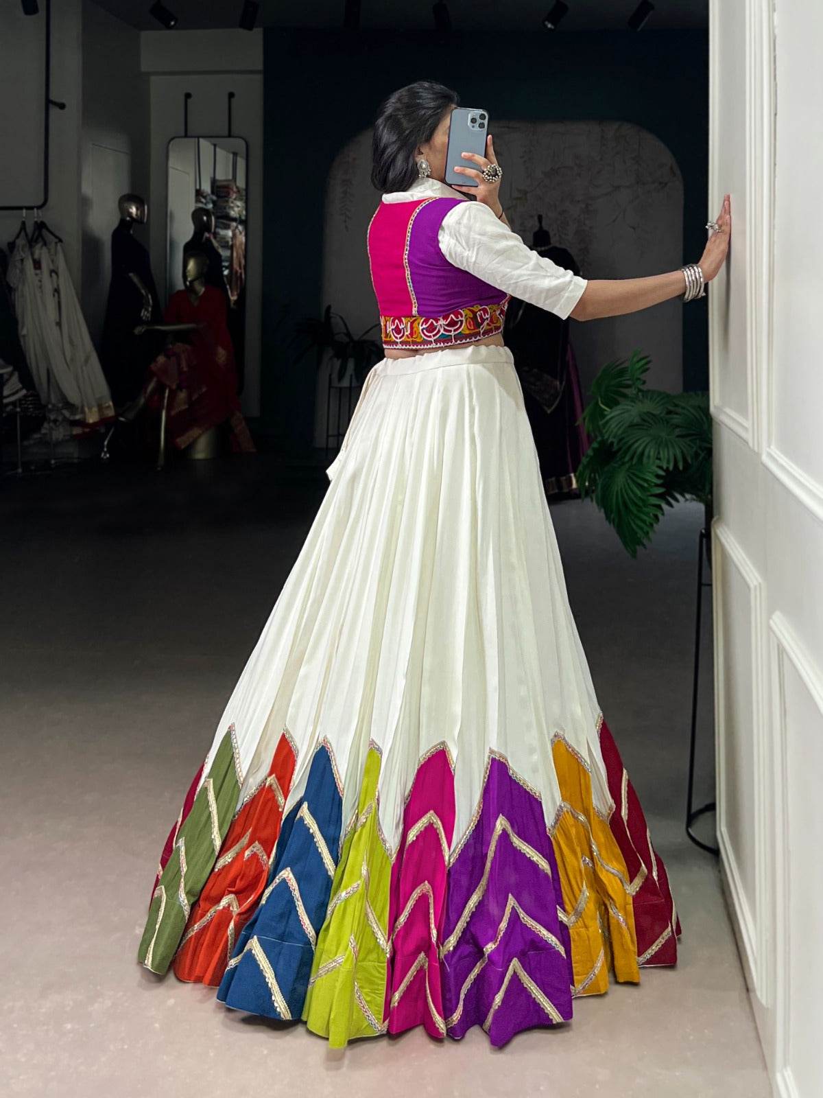 Rayon Multi Color Patch Lace Gamthi Kodi Work White Concept Navratri Special Lehenga Choli (Ready to Wear) - Rpd Fashion