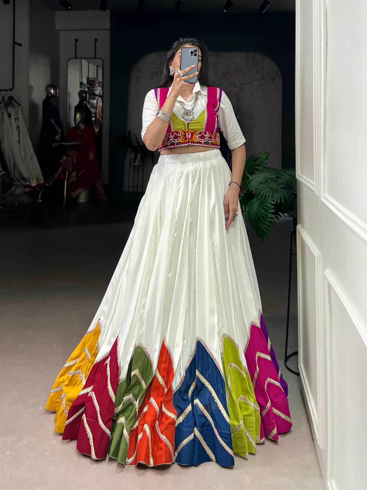 Rayon Multi Color Patch Lace Gamthi Kodi Work White Concept Navratri Special Lehenga Choli (Ready to Wear) - Rpd Fashion