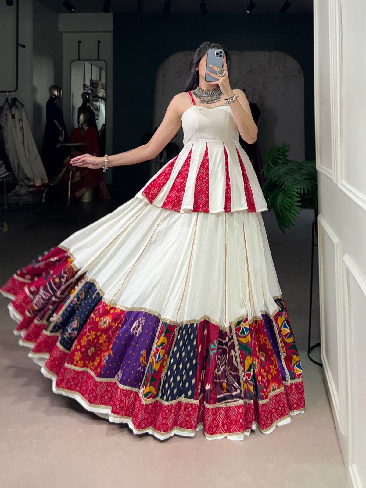 Red & White Rayon Lehenga Choli Set: Multi Patchwork Indian Garba Outfit - Rpd Fashion