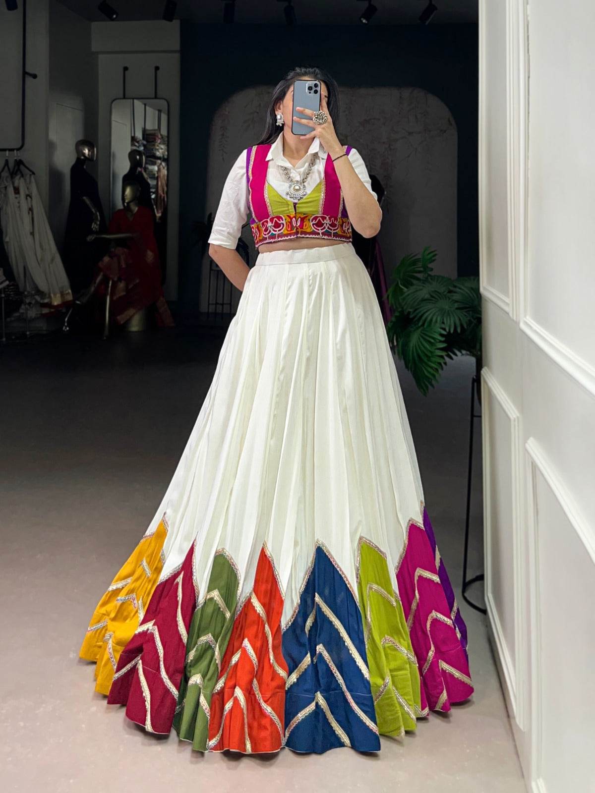 Rayon Multi Color Patch Lace Gamthi Kodi Work White Concept Navratri Special Lehenga Choli (Ready to Wear) - Rpd Fashion